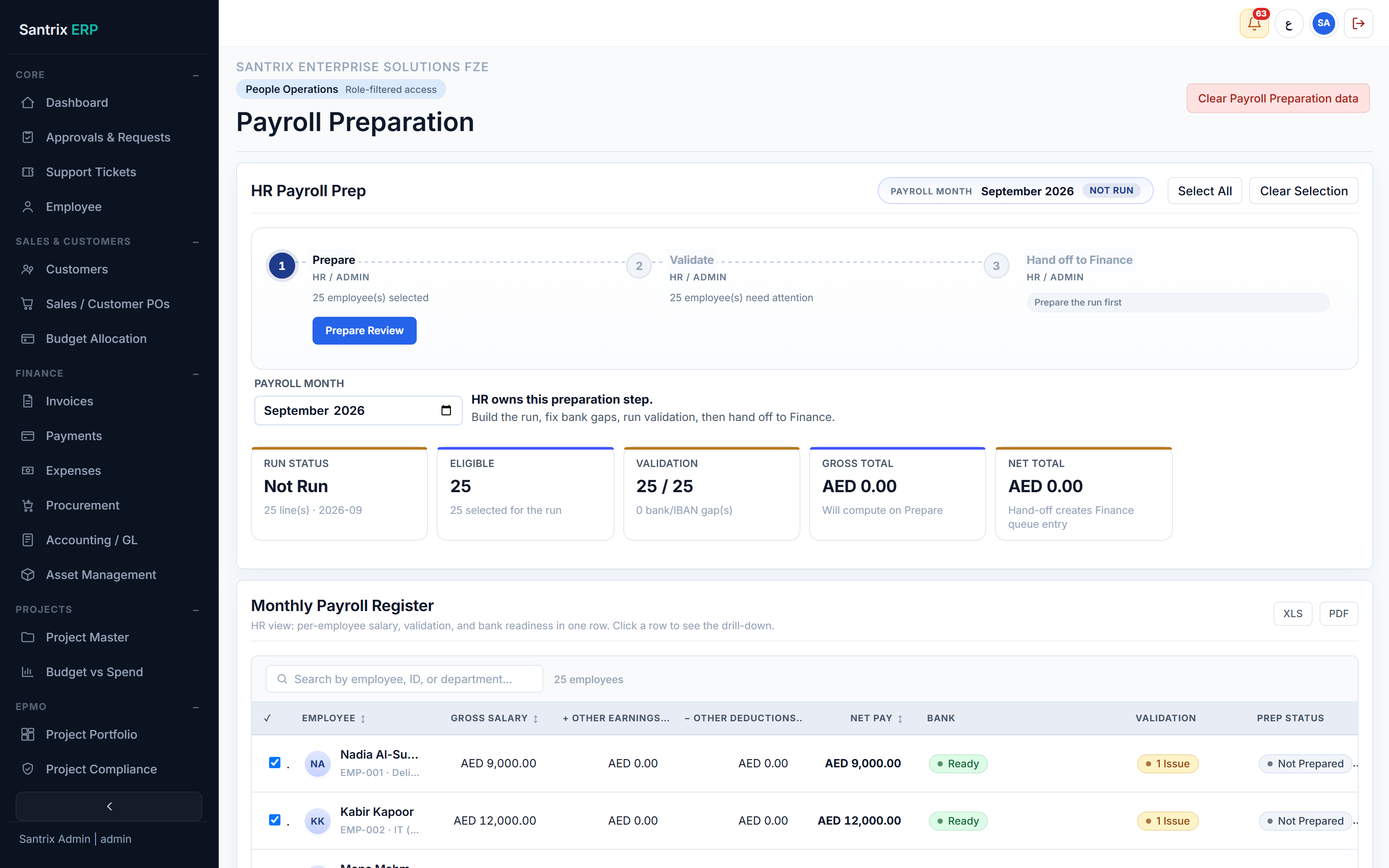 Payroll Preparation screen