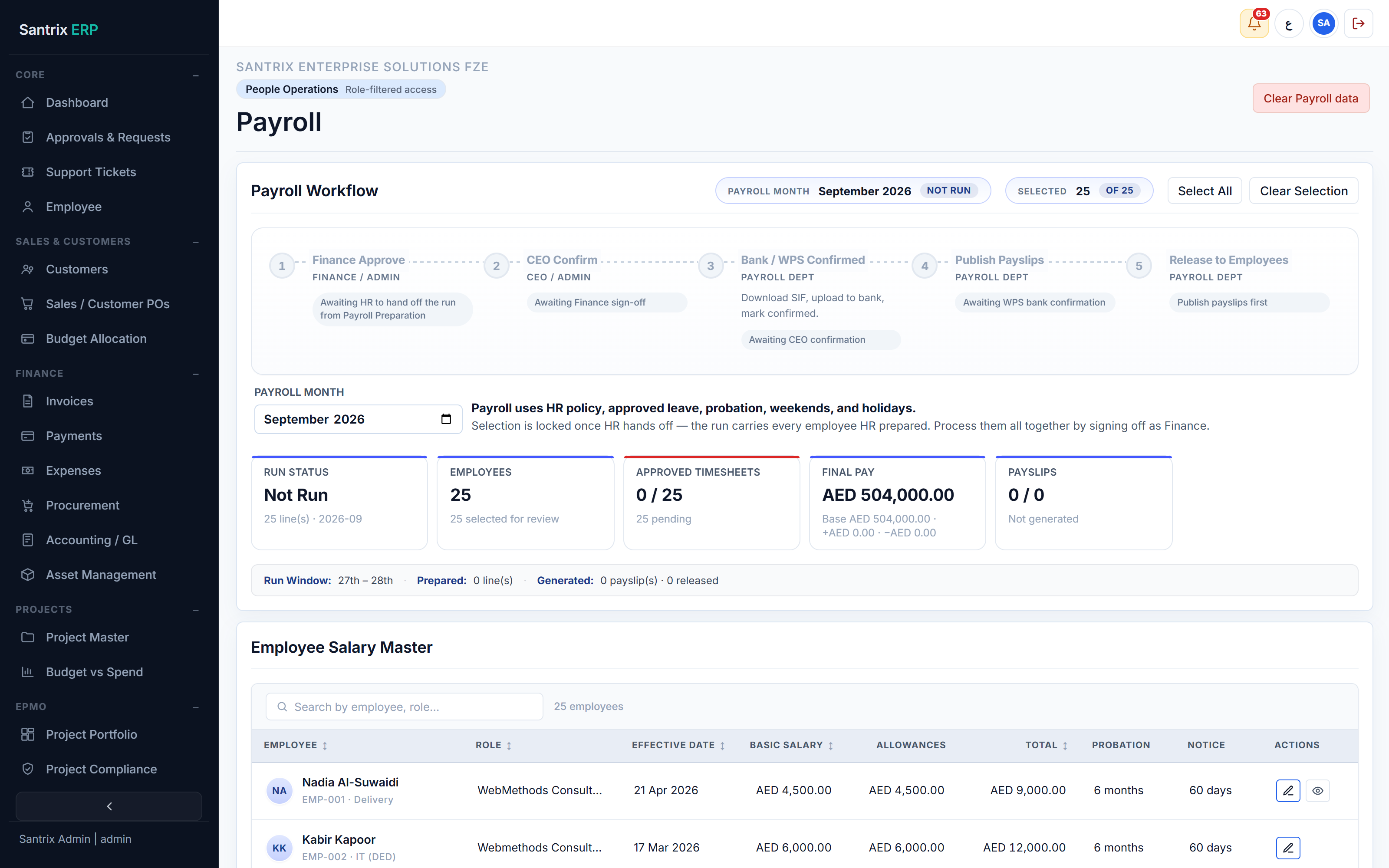 Payroll screen
