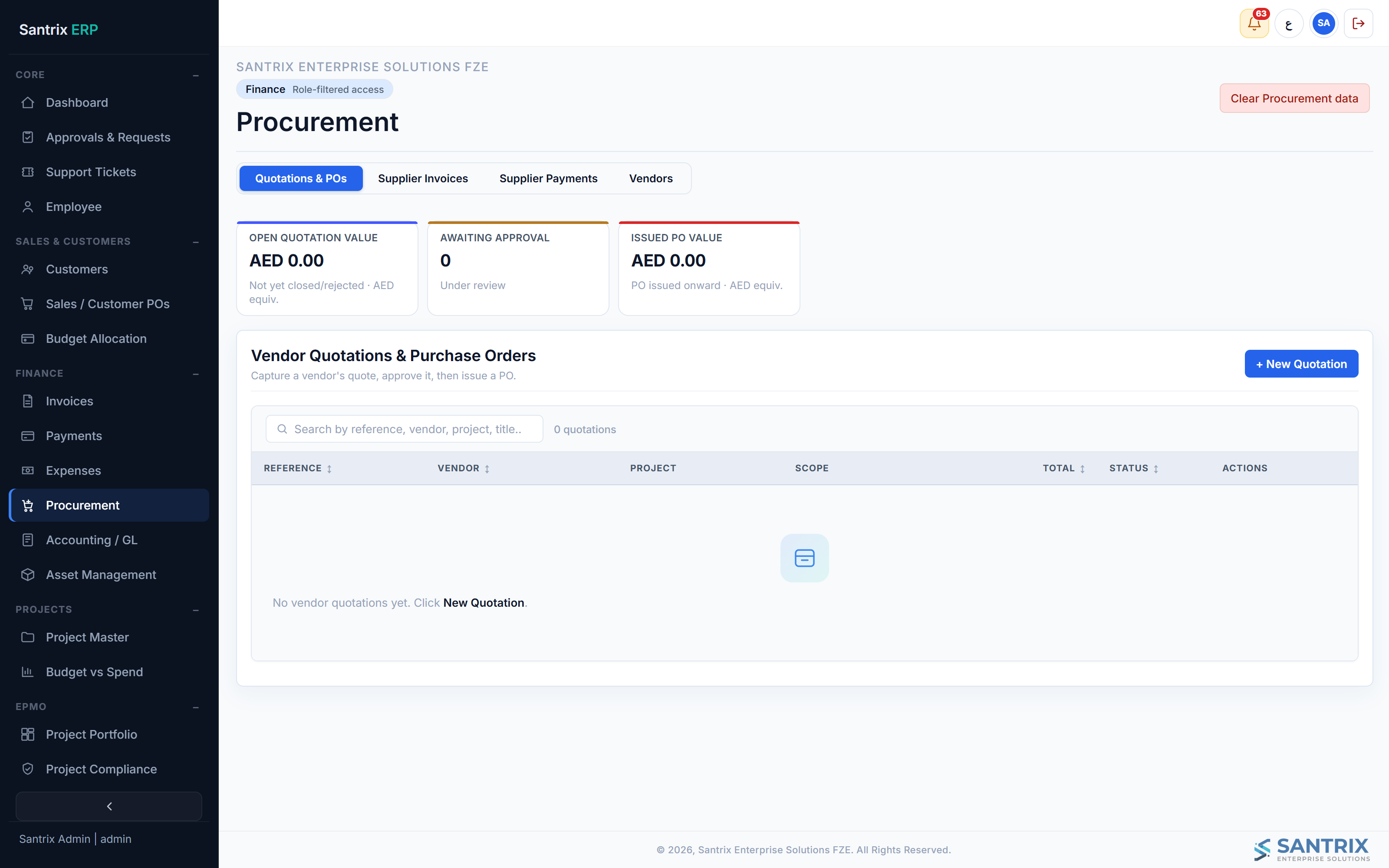 Procurement screen