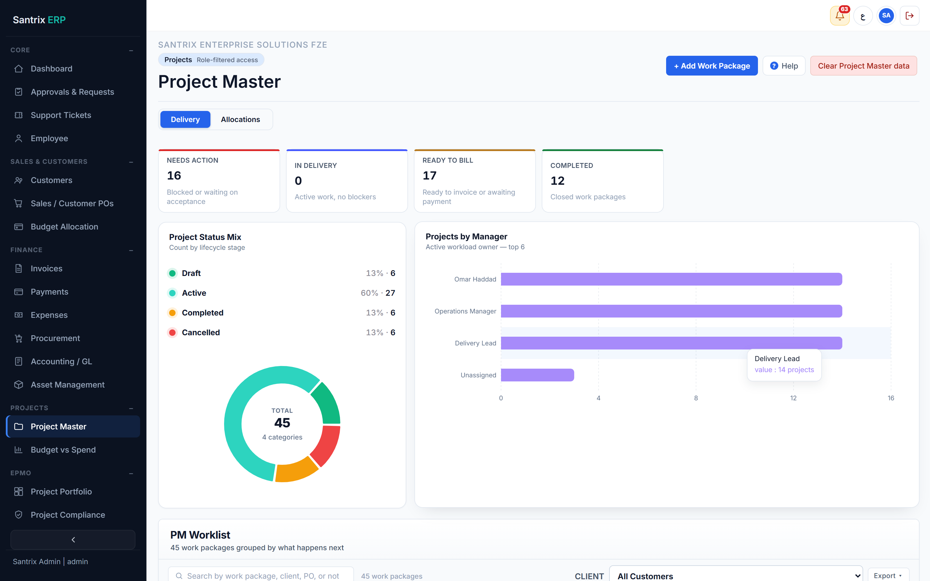 Project Master screen