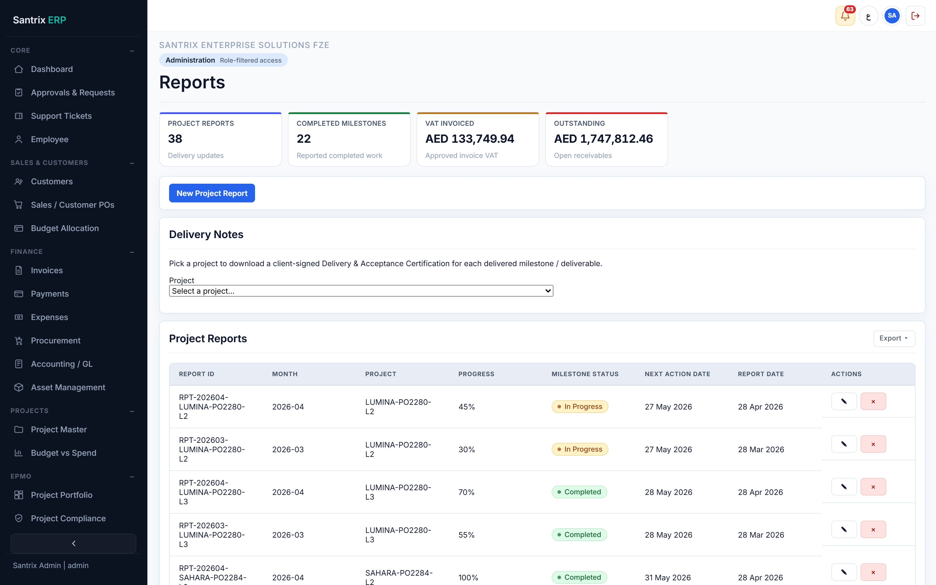 Reports screen
