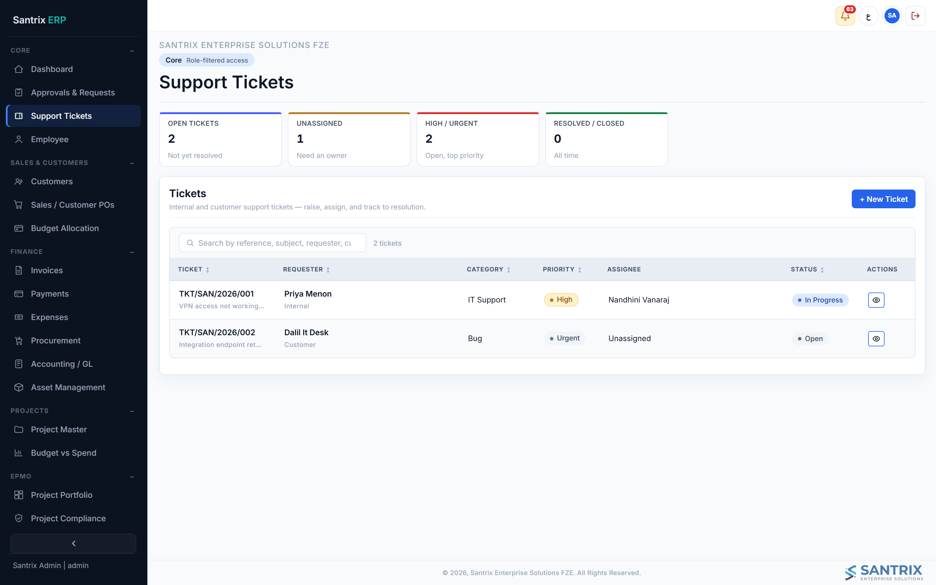 Support Tickets screen
